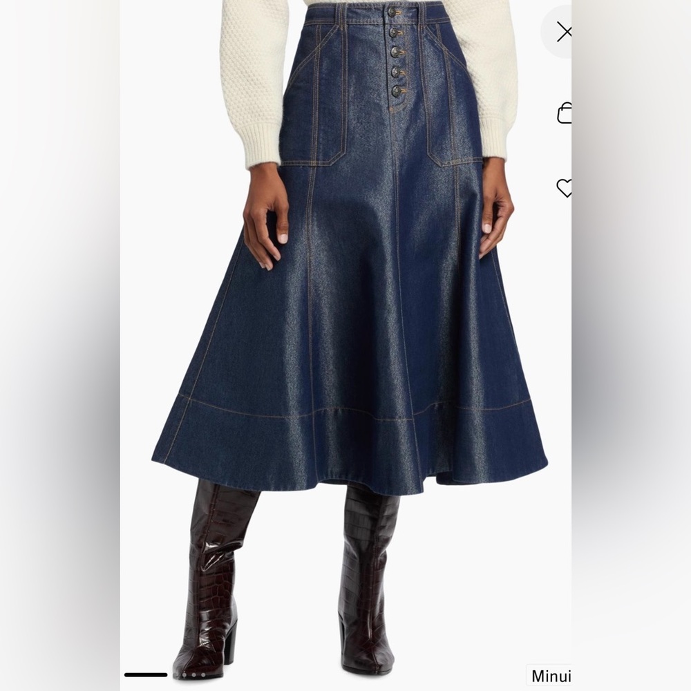 cinq a sept Navy Denim A-Line Midi Skirt